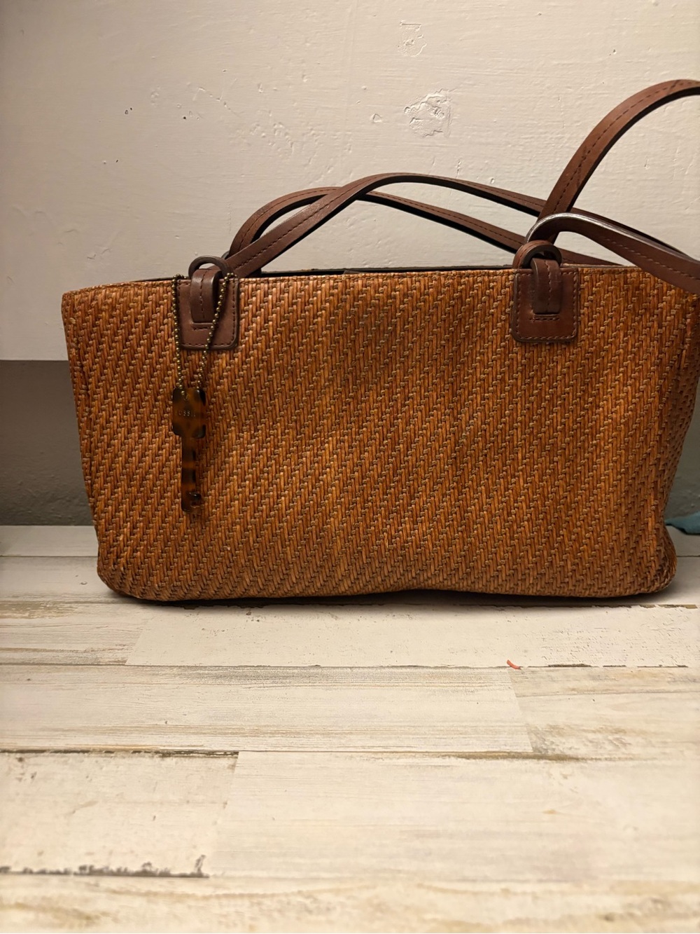 Fossil Tan Woven Shoulder Tote with Brown Leather Straps